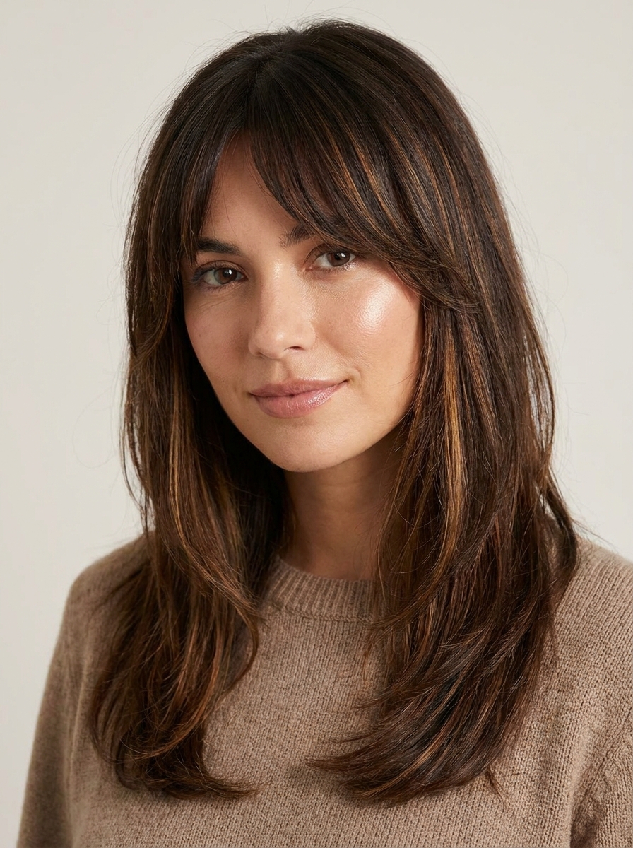 Caramel Brown mit Curtain Bangs als Caramel Brown Hair Inspiration 2026